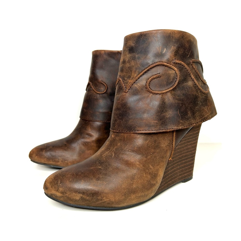 Vintage Y2K Foldover Wedge Booties Genuine Distressed Leather Brown Design 7.5